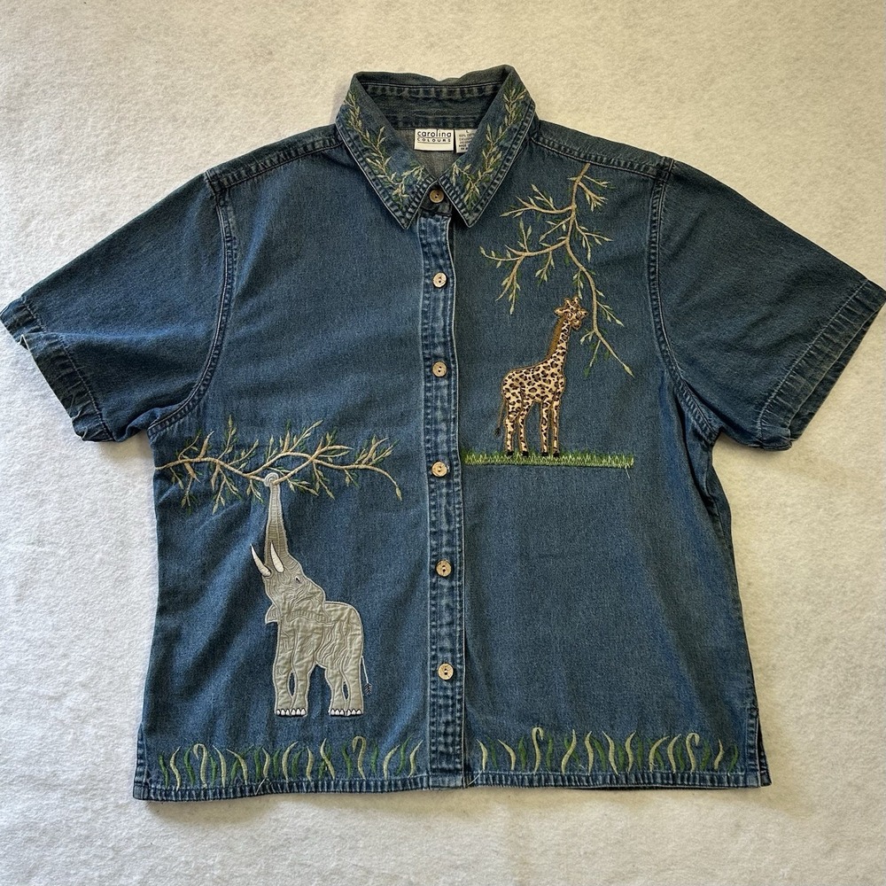 Carolina Coulours Vintage Denim Safari Animal Short Sleeve Shirt Women's L